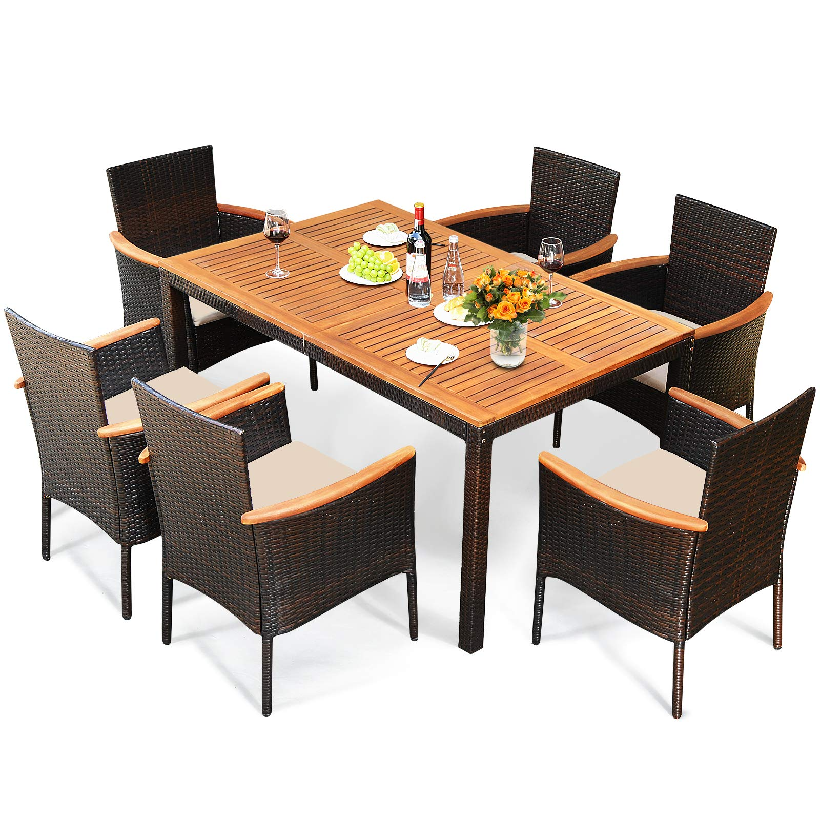 Ensemble de salle à manger Tangkula 7 pièces en rotin pour patio, ensemble de conversation extérieur avec plateau de table en bois d'acacia et trou pour parasol, chaises empilables avec coussins moelleux